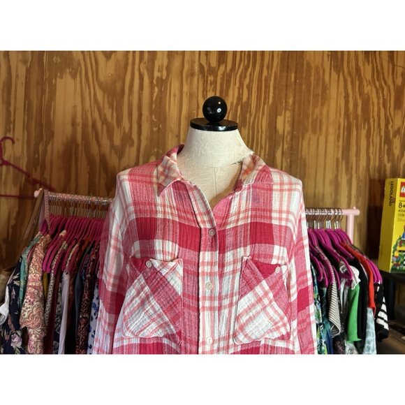 Sanctuary Mod Pink Plaid Buffalo Long Sleeve Boyfriend Shirt Button Down Size XL - Picture 4 of 10